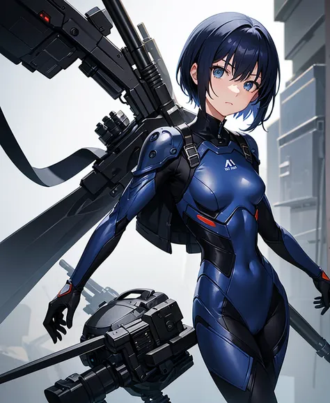 Dark blue hair，short hair，neutral，boyish，Hide one eye，thin，Also々funny Face，Powered Suit，Reinforced Suit，Black suit，mechanical，sf，Black sleeveless coat，With sword，headgear，Small breasts，Small breasts，Flat Chest，expensive，Slightly muscular，good looking，The i...