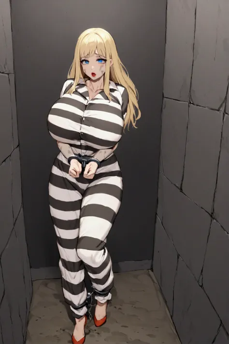 huge breasts, prisoner, lady in prison, imprisonment, imprisonment,sexy, black and white prison jumpsuit, handcuffed,shackles, s...