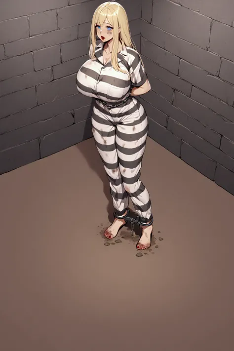 Huge breasts, Prisoner, Lady in prison, Imprisonment, Imprisonment,sexy, Black and white prison jumpsuit, Handcuffed,Shackles, Suppressed, bondage, be interested, Solitary confinement, rock,Blonde　hair,straight　hair,Blue eyes,mud stains,dirty face,dirt on ...