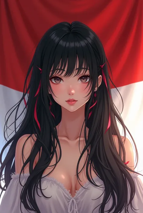 Anime Wanita rambut hitam panjang dengan tali bendera indonesia kulit putih background bendera merah putih