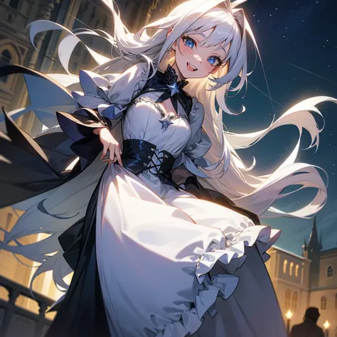 Sparkling starry sky　Long silver hair girl　Overflowing Chest　Gothic Clothing　A smile with double teeth　Revealing clothing　Baroque style streetscape　