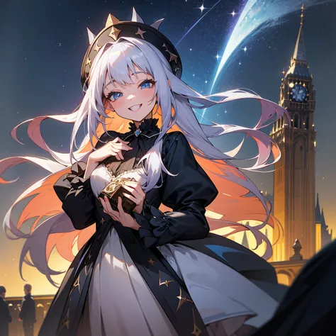 Sparkling starry sky　Long silver hair girl　Overflowing Chest　Gothic Clothing　A smile with double teeth　Revealing clothing　Baroque style streetscape　