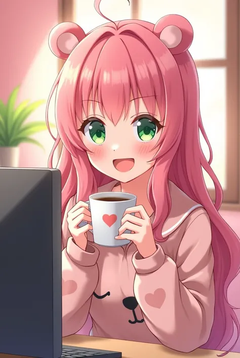 anime girl long wavy pink hair, olhos verdes esmeralda, sitting in front of the computer, blushing cheeks embarrassed, wide smile in the bedroom drinking a cup of coffee, Pink Bedroom, dressed in bear pajamas