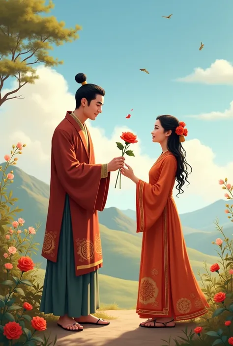 I need an image of Bhutanese man and women   and holding rose in his hand and giving to  his soulmate. 