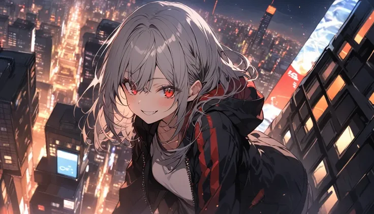 One adult woman with gray hair, Red eyes, Wear a light jacket, stand on top of the building, dark city night, Building view ((With the city lights)) (Urban Background ), night,