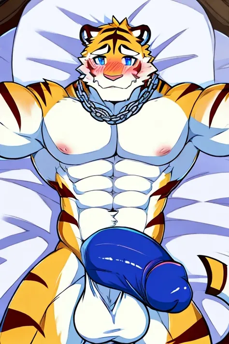 White fur tiger, muscular, blue eyes, chain on the neck, in bed, with a big penis, blushing