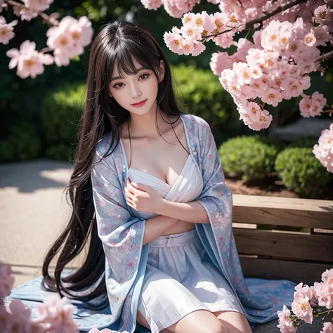 best quality, Delicate face，beautiful visual work, lifelike, eternity, black hair, Long curly hair, blunt bangs, Smile, Detailed Background, Delicate face，blush，cold，((masterpiece))、(top quality)、8k、high detail、Super detailed，31-year-old female， masterpiec...