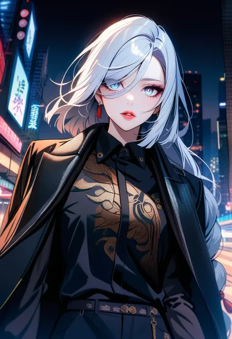 shenhe,solo,1 girl,tattoo, mafia boss, (wear mafia clothes:1.5),, evil aura, villain,night city, ultra-detailed,beautiful detailed eyes,beautiful detailed lips,extremely detailed eyes and face,