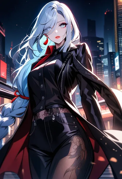 shenhe,solo,1 girl,tattoo, mafia boss, (wear mafia clothes:1.5),, evil aura, villain,night city, ultra-detailed,beautiful detailed eyes,beautiful detailed lips,extremely detailed eyes and face,