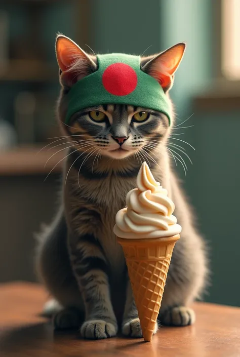 A cat with a Bangladeshi flag on its head is looking at the ice cream with a seductive gaze