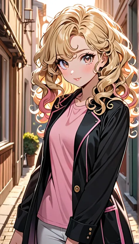 Beautiful and blond, styled hair, a bit curly hair, wearing a black jacket, pink shirt, morning, looking fancy, looking at the viewer,