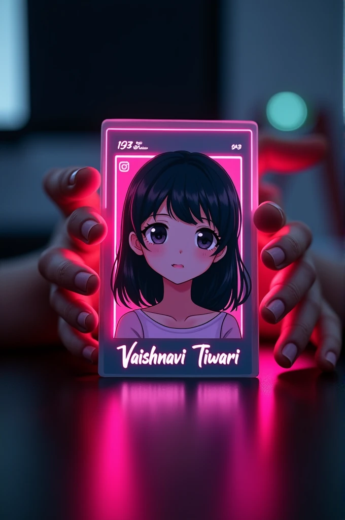 Create a Instagram profile on glass Id card on a black desk displaying Instagram logo and realistic photo of a 18 years cute anime girl in circle and " Vaishnavi Tiwari " is written in bold fonts under the profile photo and 543 Followers written, the Insta...