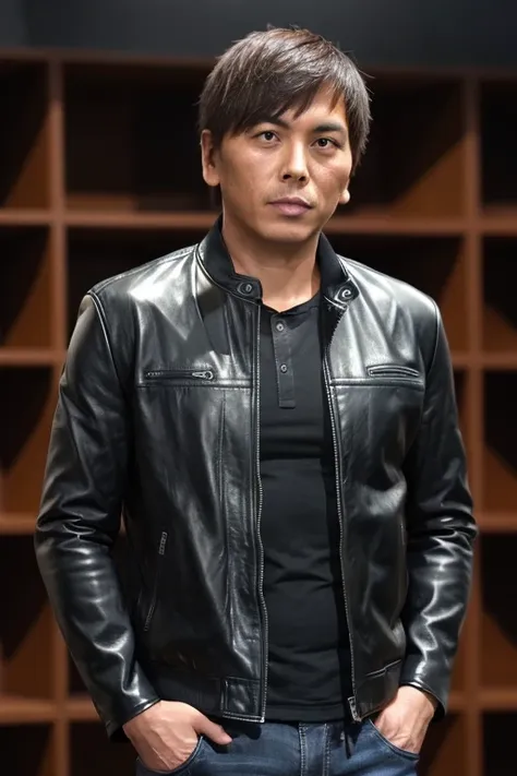 male, alone, black leather jacket, oriental