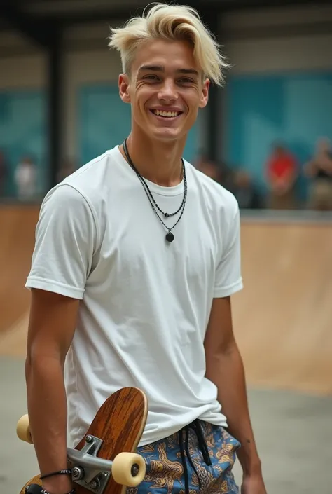 Portrait of a 17-year-old European guy, blonde luxury influencer haircut and tanned skin and perfect smile, carrying a baker skateboard, indoor skatepark, luxury , white t shirt, opal tree pattern shorts, preppy, real lighting perfect face, perfect body, c...