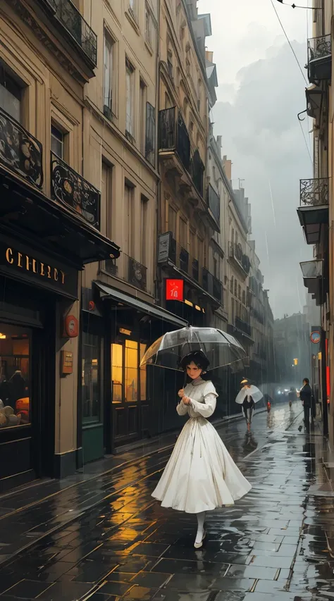 a stormy rainy scene in 19th century paris, edwardian women in white dresses, watercolor painting style, dramatic sky, rain, puddles, cobblestone streets, vintage architecture, overcast mood, dramatic lighting, painterly brushstrokes, muted color palette, ...