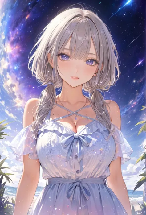 highest quality　masterpiece　high resolution　masterpieceグレーアイズ　low twintails、casual summer outfit　、flowerpunk、universe、sparkling ...