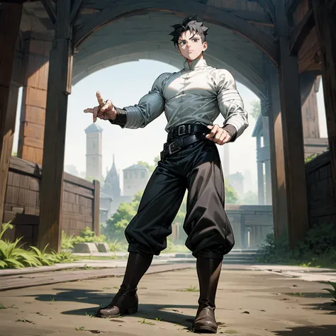 Solo character, full body version, young boy, largest muscle, black eyes, black color hair, undercut hair, white shirt, black pants, boots, belt, bandage, outdoor, village, medieval, morning, standing gesture, detailed background, detailed clothing, detail...