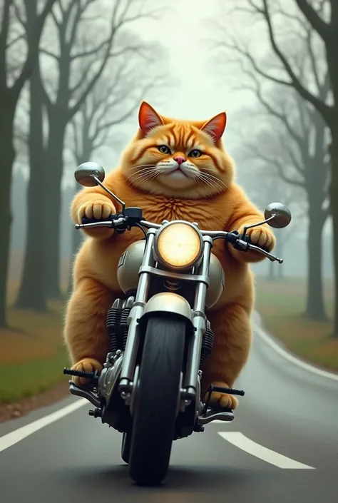 Fat cat riding a motorcycle, on a long road, with cloudy sky 
