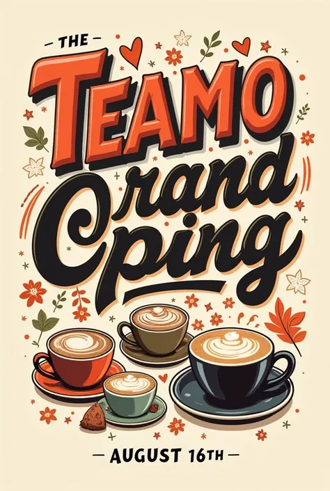 Create the hd photo Grand opening on August 16th Teamo Cafe as a veriety font with Cuppuccino photos
