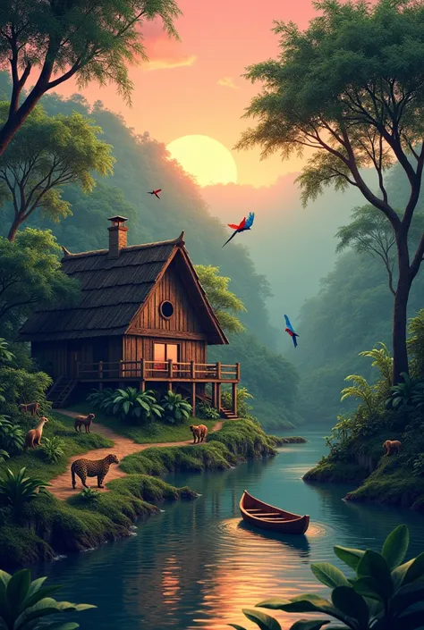 Natural landscape with a wooden house on the riverbank with ANIMALS from the Amazon with a pinkish orange sunset and with a canoe and the image lying down with jaguars, red and blue macaws, flying monkeys 