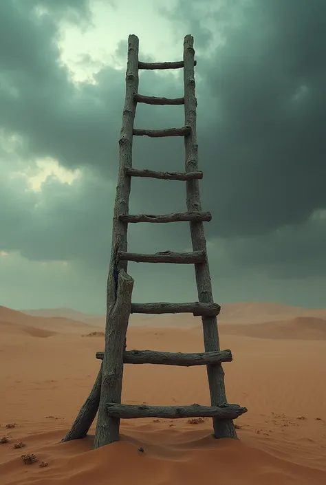 a strange old wooden ladder in the desert under the ominous sky
