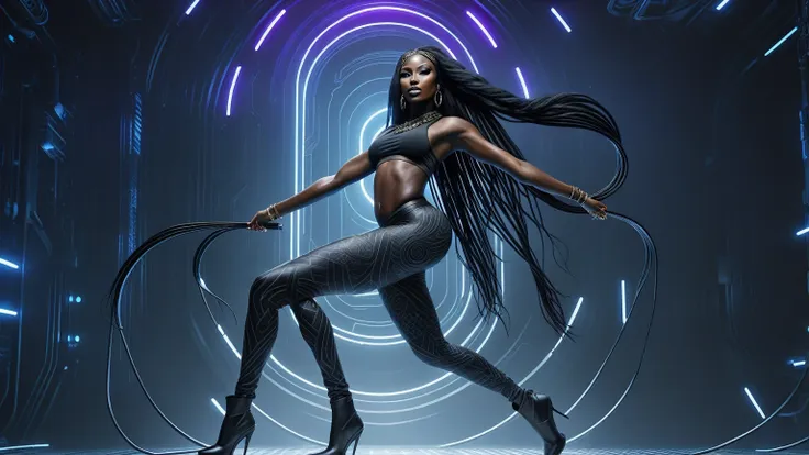 (((Full body: 1.5))), ((dark-skinned beautiful African woman: 1.7)) with very long black hair, strong body, thick athletic body, cyberpunk background, Realistic, top quality picture, 4K, ultra HD |, ((master part))), (((best quality))), ((ultra detail)),(H...