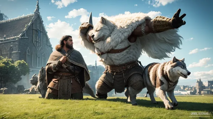 beautiful home nordic muscle, rey, next to a giant wolf, using a fur cape, in a medieval celtic city with green grasses, full hd...