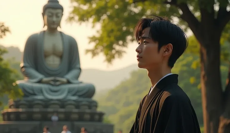 A young Japanese man in a black kimono is smiling in front of a giant Buddha statue,Stony, texture, expensive, Majestic, Inverted Image, The background is illuminated by sunlight., Towering Tree, Beautiful composition, A masterpiece, detailed, High resolut...