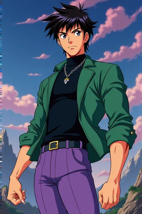 Mamoru chiba sailor moon 90s anime style, purple pants, green jacket, black sweater and muscular body