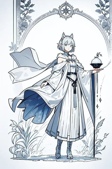 Gray and white shoulder-length short hair，Girl，Blue Eyes，Elf ears，No headdress，No cat ears，Wear a magicians robe，cloak，hood，Long skirt，Boots，full-body shot，front Photo，No background