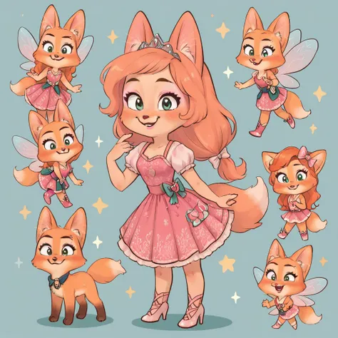 little fox, kid girl fox, little kid, ginger fur, long hair, ginger hair, dusty-pink nose, fox tail, fox ears, face similar of d...