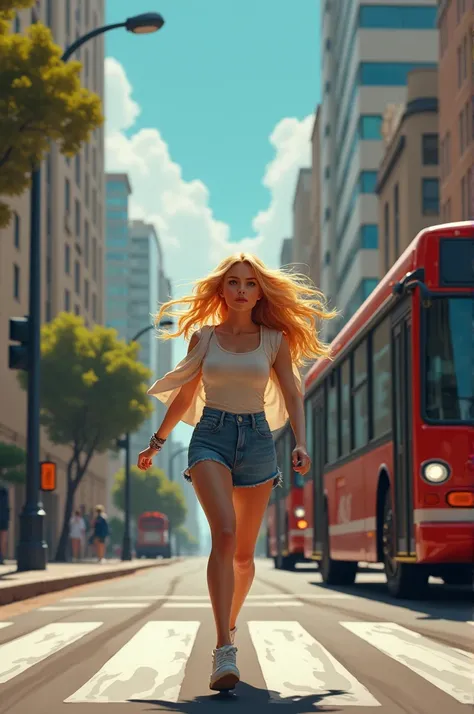 A blonde woman ran across the road to the bus that had stopped at the boarding point.