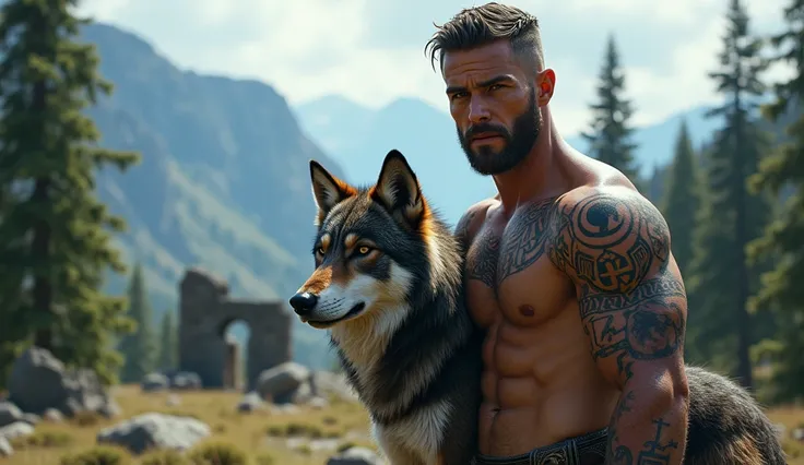 the best quality, very high resolution, detailed 4K CG, Masterpiece artwork, augur, Nordic Deuses, handsome man plus a wolf, rune tattoos, viking, Celtic mountains, tall trees, blue sky, Norse mythology, viking rune tattoo, beautiful aesthetic, Beautiful p...