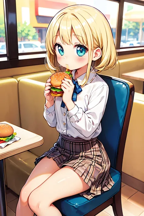 Beautiful illustration, best quality, cute girl, ((In a fast food restaurant)), pastel color, natural tones, ((Blonde hair)), ((Tight clothes)), ((White blouse)), ((Tartan skirt)), ((Sitting on a chair)), ((Looking at viewer)), ((Slim body)), ((Eating a bu...