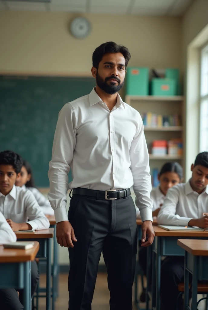 A male Indian school teacher teaching practical seating wear black pants 