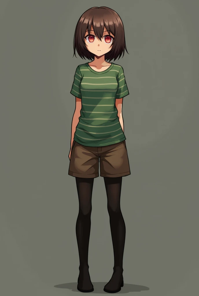 ((best quality)), ((masterpiece)), (detailed), Undertale Chara, brown hair, (brown shorts: 1.3), bob cut, short hair, black pantyhose, (green shirt: 1.3), red eyes, (1girl: 1.3), (solo: 1.3), stripes, striped shirt tetas con una altura de 2 y 1.0 centimete...