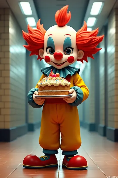 Clown Outfit from subway surfer standing with a cake 