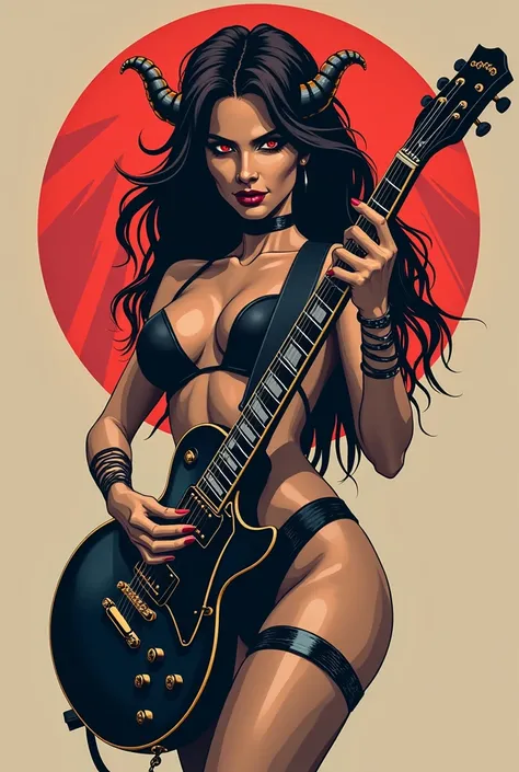 flat vector logo of a sexy demon woman playing guitar