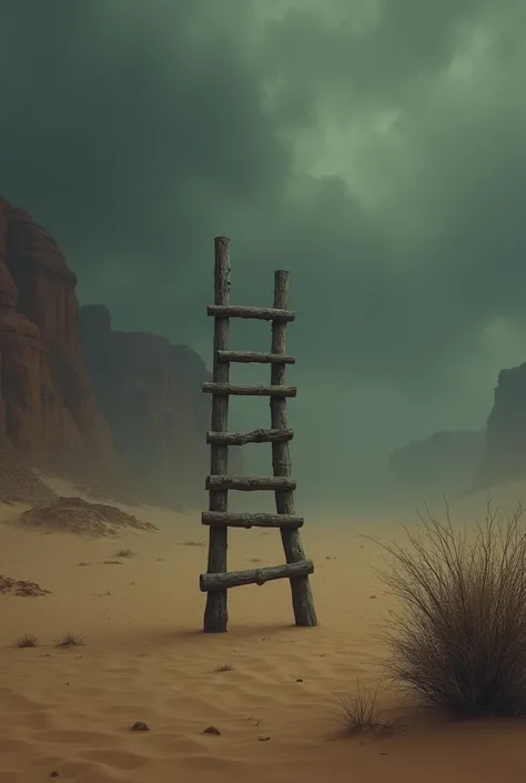 a desert with a small old wooden ladder in the distance in the desert under the cursed sky
