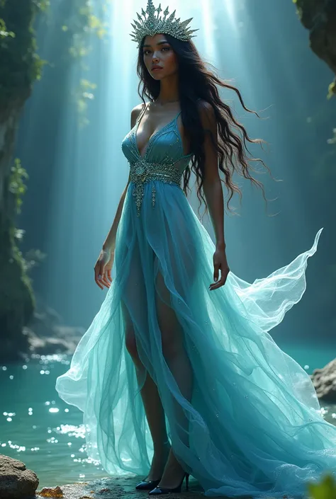 a woman with black skin, long straight dark brown hair that reaches her feet, she wears a long dress made of water with long sleeves, wears a tiara crown made of water and wears black heels. Her face is delicate like a goddess and her eyes are light blue