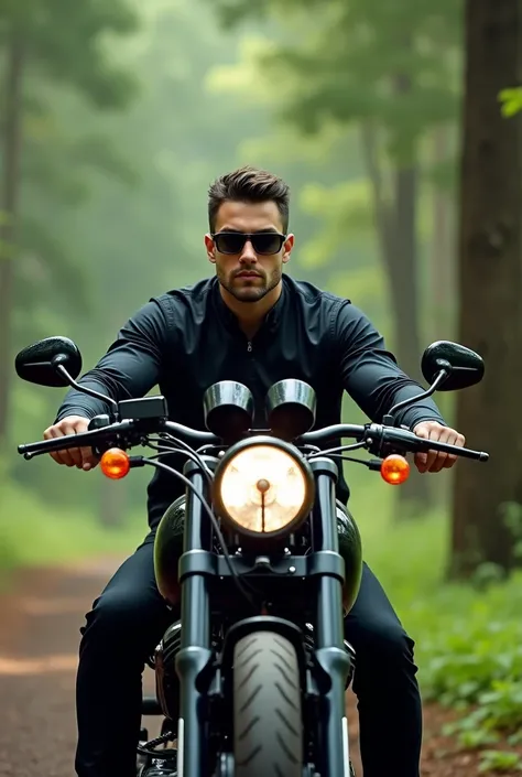 specific , wearing black glasses and riding a Harley motorcycle with a landscape of trees