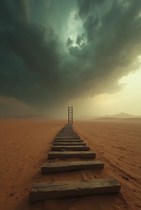 a desert with a small old wooden ladder in the distance in the desert under the cursed sky
