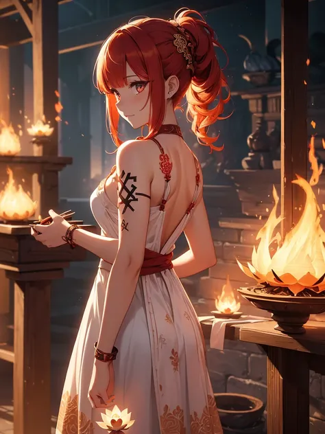 (((best quality, sharp image, clear image, cinematic lighting, 8k resolution, masterpiece, ultra detailed, intricate))) Girl, (((looking over shoulder))),shot from behind, sorcerer, cute, fiery red hair, pigtails, (intricate dress), (white dress), braided ...