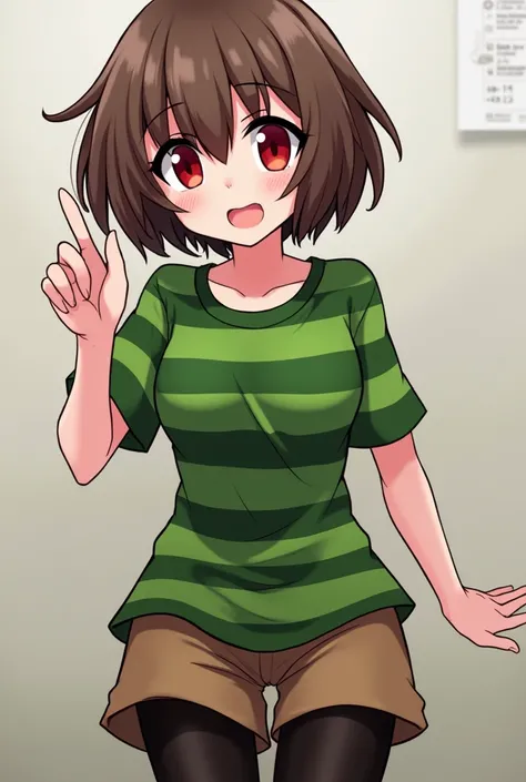 ((best quality)), ((masterpiece)), (detailed), Undertale Chara, brown hair, (brown shorts: 1.3), bob cut, short hair, black pantyhose, (green shirt: 1.3), red eyes, (1girl: 1.3), (solo: 1.3), stripes, striped shirt tetas con una altura de 2 y 1.0 centimete...