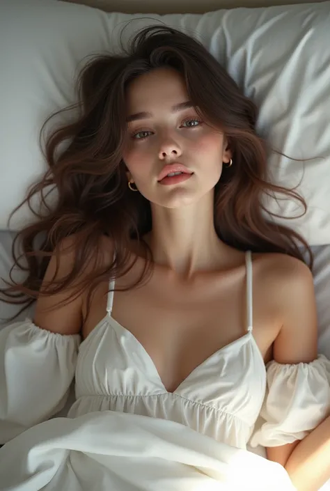 beautiful girl, with long wavy hair, Lying on a bed with white sheets, not