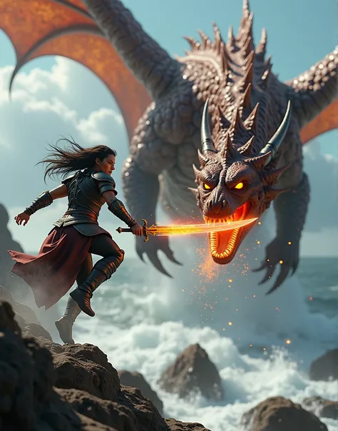 cinematic shot of warrior woman jumping from a rock and stabbing fiery dragon into its neck, water and rocks around