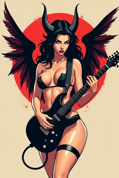 flat vector logo of a sexy demon woman with wings playing guitar