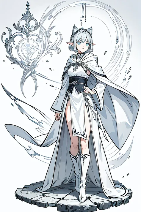 Gray and white shoulder-length short hair，Girl，Blue Eyes，Elf ears，No headdress，No cat ears，Wear a magicians robe，cloak，hood，Long skirt，Boots，Knee socks，full-body shot，front Photo，No background