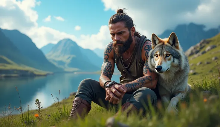 the best quality, very high resolution, detailed 4K CG, Masterpiece artwork, augur, Nordic Deuses, handsome man plus a wolf, rune tattoos, viking, Celtic mountains, blue sky, Norse mythology, viking rune tattoo, beautiful aesthetic, Beautiful picture, Ther...