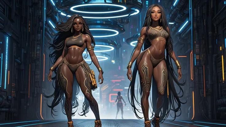 (((full body: 1.5))), ((dark-skinned beautiful african woman: 1.7)) with very long black hair, strong body, thick athletic body,...